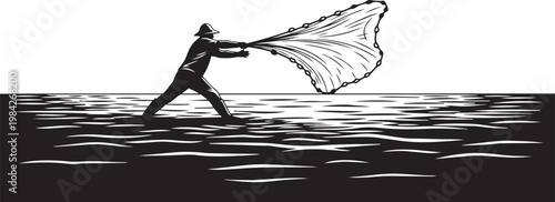 Silhouette of person fishing with net in water at sunset or sunrise with dramatic sky and reflections