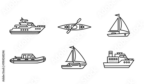 Ships Line Icons Set Yacht Kayak Sailboat Motor Ship Outline Vector Collection