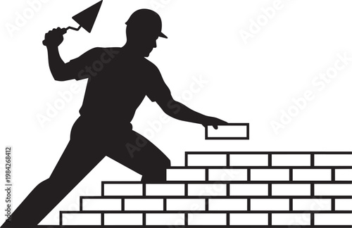 Silhouette of a bricklayer building a brick wall, holding a trowel and laying bricks, representing construction work