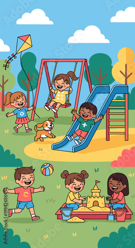 A vibrant illustration of children joyfully playing on a sunny day at a park playground, with swings, a slide, and a sandpit.