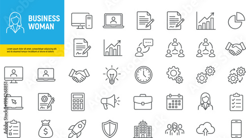 business woman multitasking with office and productivity icons flat design vector illustration