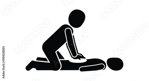 A stark black silhouette depicts a person kneeling and administering aid to another lying down showcasing emergency response training silhouette high quality professional detailed