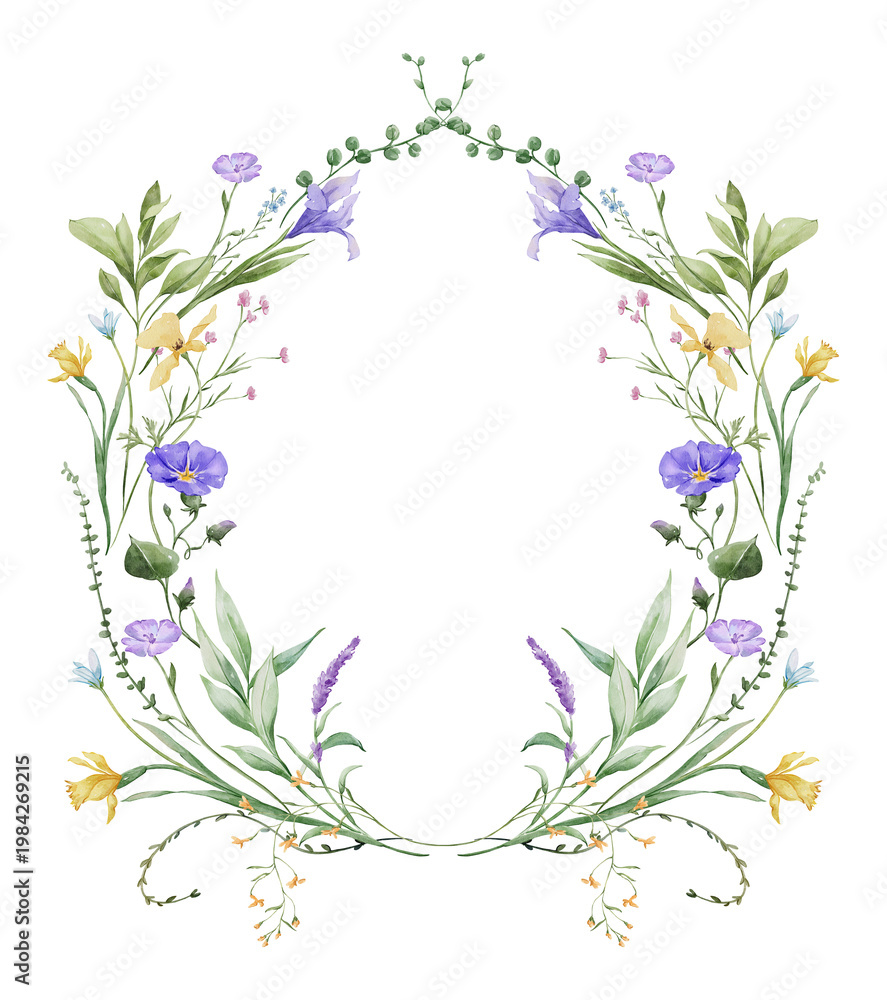 Obraz premium Watercolor garden wildflowers floral wreath, spring summer floral circle frame