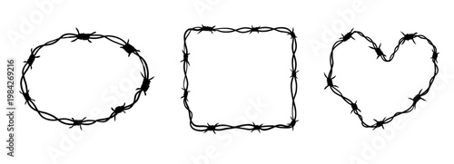 Barbed wire frame set silhouette border, fence. Spiked wire with sharp barbs along its perimeter. Twisted ring y2k, round border tattoo, gothic textured steel frame,