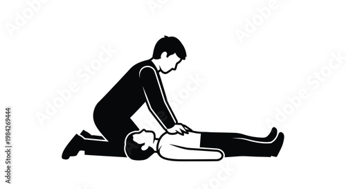 A stark black silhouette depicts a person kneeling and tending to another lying prone showcasing a moment of urgent care and compassion silhouette