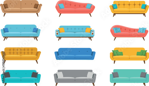 Modern sofa collection with colorful couches in different shapes and styles for living room interior isolated vector illustration set