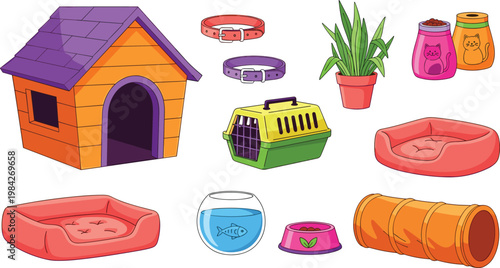 Pet Accessories Vector Set with Dog House, Cat Bed, Fish Bowl, Pet Carrier, Collars, Food Bowls, Tunnel, and Indoor Plant Illustrations for Dogs, Cats, and Small Animals