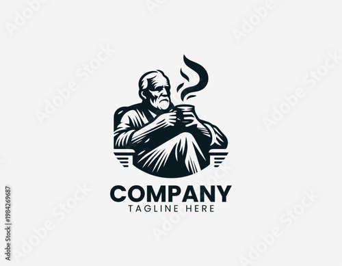 A mature senior man is depicted sitting on a wooden chair while drinking hot steaming coffee in a minimalist black vector style.