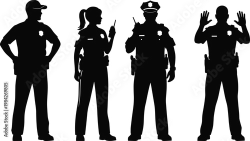 police officer silhouettes group law enforcement security team uniform patrol safety protection authority emergency service duty illustration design
