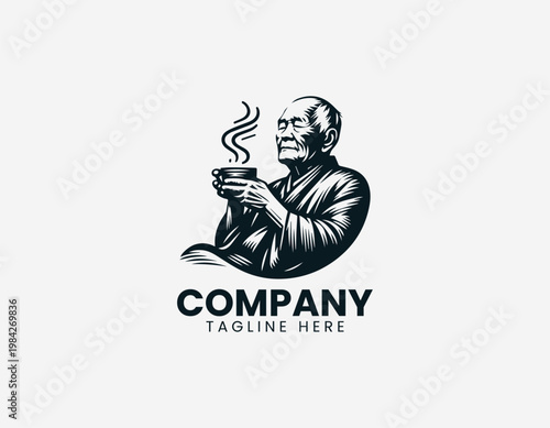 A mature senior man is depicted sitting on a wooden chair while drinking hot steaming coffee in a minimalist black vector style.