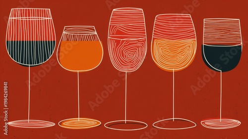 Five stylized beverage glasses display varied liquid colors and distinct linear fill patterns against a textured background