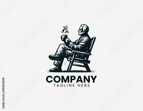 A mature senior man is depicted sitting on a wooden chair while drinking hot steaming coffee in a minimalist black vector style.