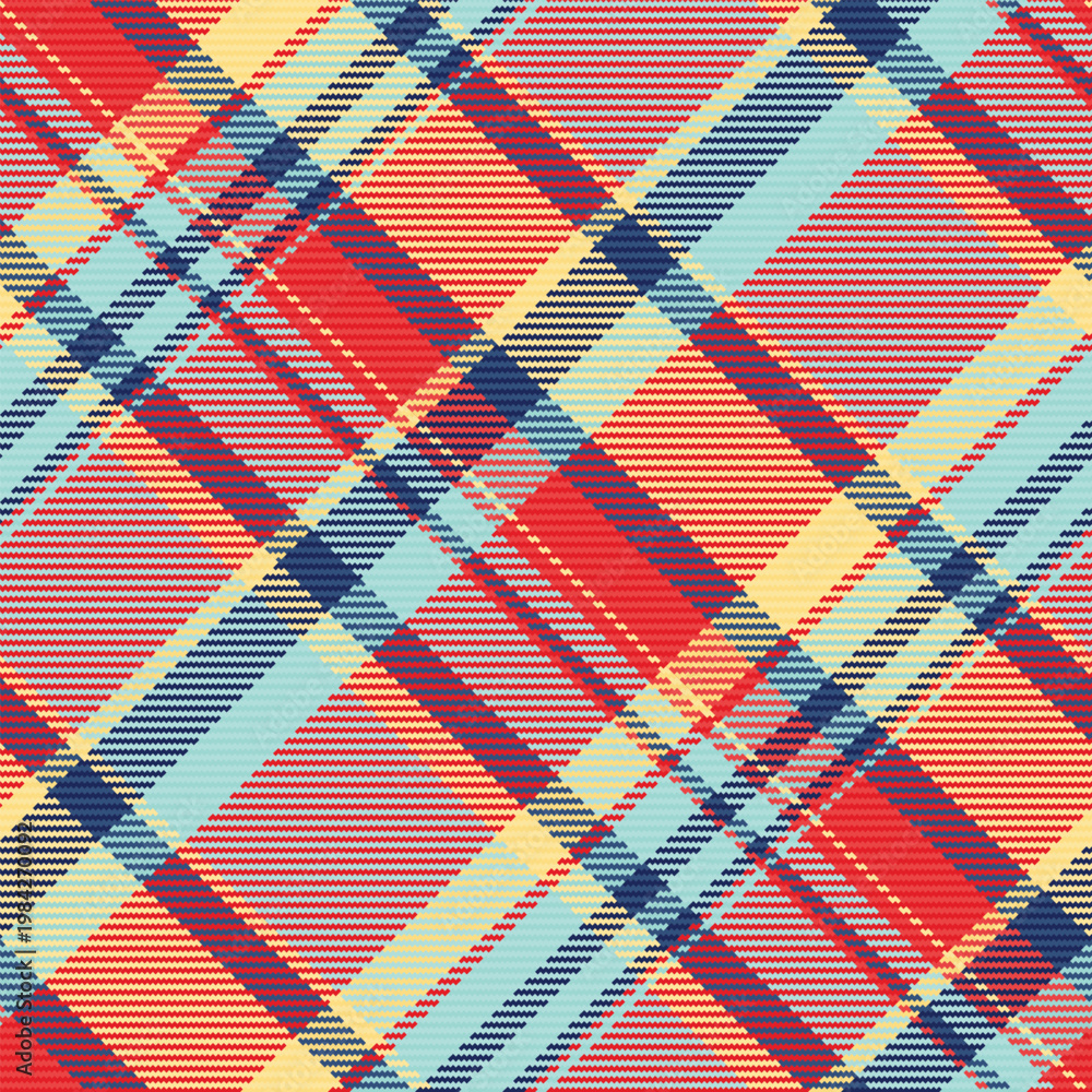 Fototapeta premium Vibrant seamless plaid pattern with red, navy blue, and yellow diagonal stripes. Ideal for textile design, branding, and rustic decor, it offers a classic yet energetic aesthetic.