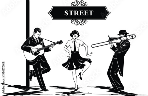 street musicians band performing live jazz music with dancer vintage style entertainment urban culture artistic performance retro illustration scene