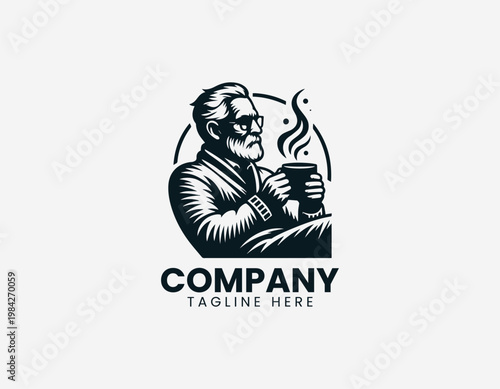 A mature senior man is depicted sitting on a wooden chair while drinking hot steaming coffee in a minimalist black vector style.