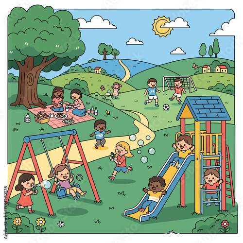 Children enjoying various activities in a lively park on a sunny day with a picnic, playground, and soccer game.
