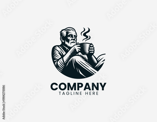 A mature senior man is depicted sitting on a wooden chair while drinking hot steaming coffee in a minimalist black vector style.