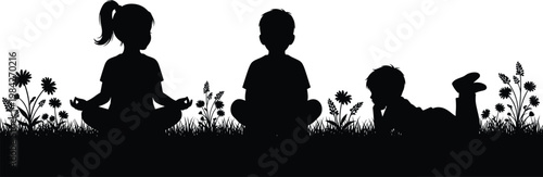children silhouette sitting meditating and relaxing on grass outdoor peaceful childhood activity mindfulness calm nature playful learning environment togetherness