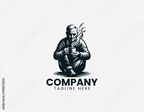 A mature senior man is depicted sitting on a wooden chair while drinking hot steaming coffee in a minimalist black vector style.