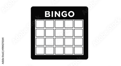 A stark black card displays a traditional bingo grid with empty squares providing a template for a game of chance silhouette high quality professional