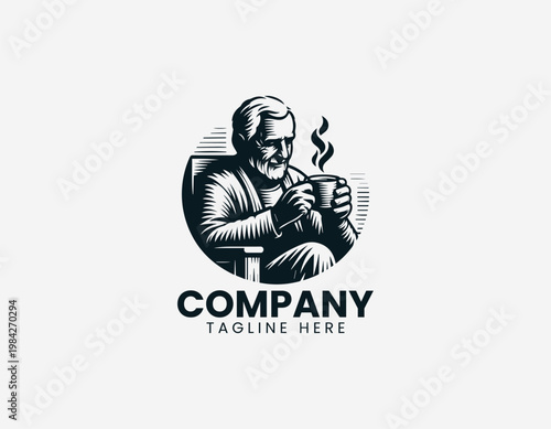 A mature senior man is depicted sitting on a wooden chair while drinking hot steaming coffee in a minimalist black vector style.