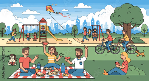 A vibrant illustration depicts a sunny day in a park, with families enjoying a picnic, children playing on swings and a slide, and people cycling, all under a bright blue sky with fluffy clouds.