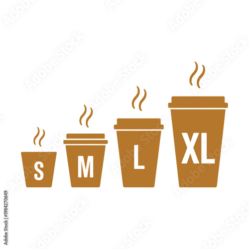 coffee cup size chart illustration with labeled letters, showing different drink sizes for cafe menus, beverage guides and food service design.