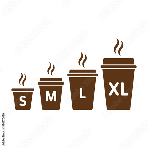 coffee cup size chart illustration with labeled letters, showing different drink sizes for cafe menus, beverage guides and food service design.