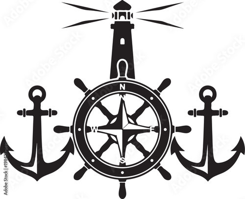Nautical navigation icons, anchor compass lighthouse, marine symbols set, black vector graphics