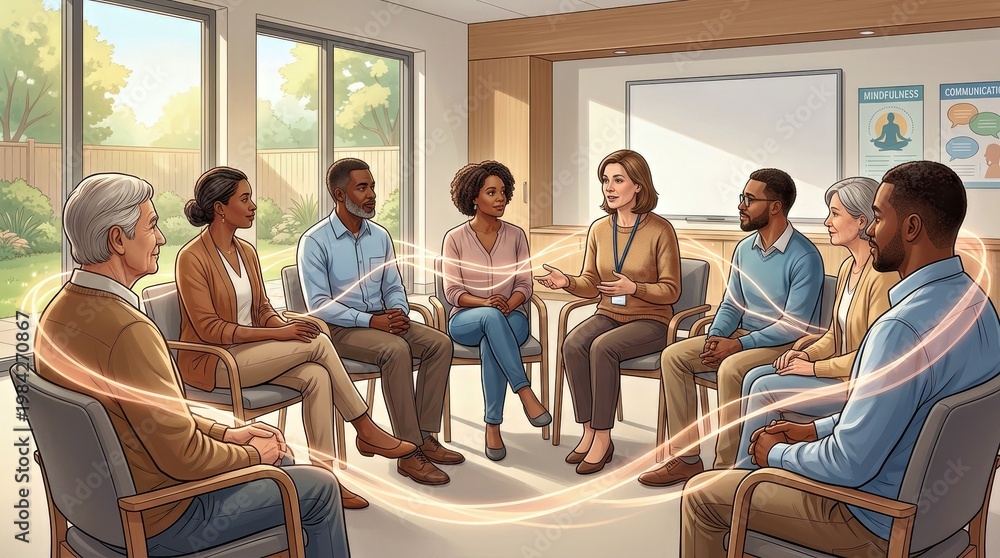 Obraz premium Therapy Group in Session: A diverse group of individuals engaging in a therapy session, with a therapist facilitating discussion in a comfortable setting. This image conveys support, mental health.