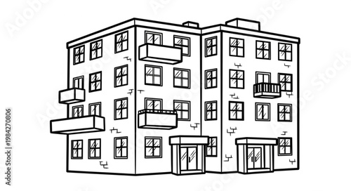 Modern Apartment Building Facade with Balconies and Windows.