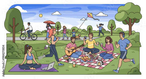 A lively park scene with diverse people enjoying various outdoor leisure activities like picnicking, yoga, cycling, and jogging under a sunny sky.