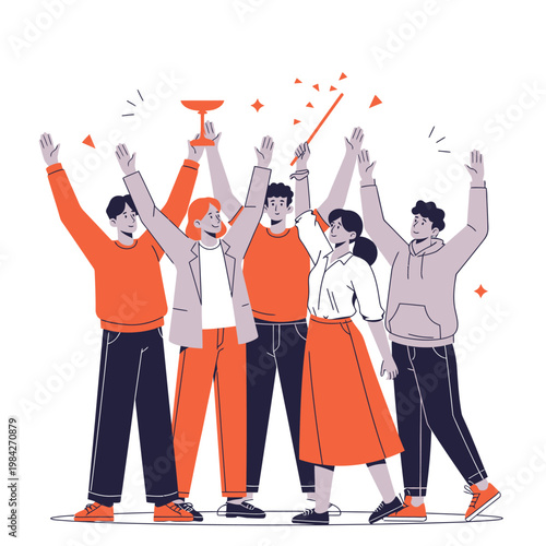 Dynamic diverse team enthusiastically celebrates a collective victory and outstanding achievement, raising awards to symbolize successful collaboration and shared triumph