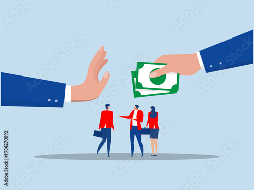 business practices. a rejection of corruption, ethical conduct, Showing her palm with refusing. Refusing money. Anti corruption scene with illegal bribe money transfer. Flat vector illustration