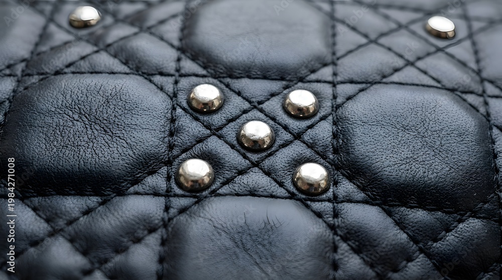 Naklejka premium Black Quilted Leather Texture with Silver Metal Studs and Rivets
