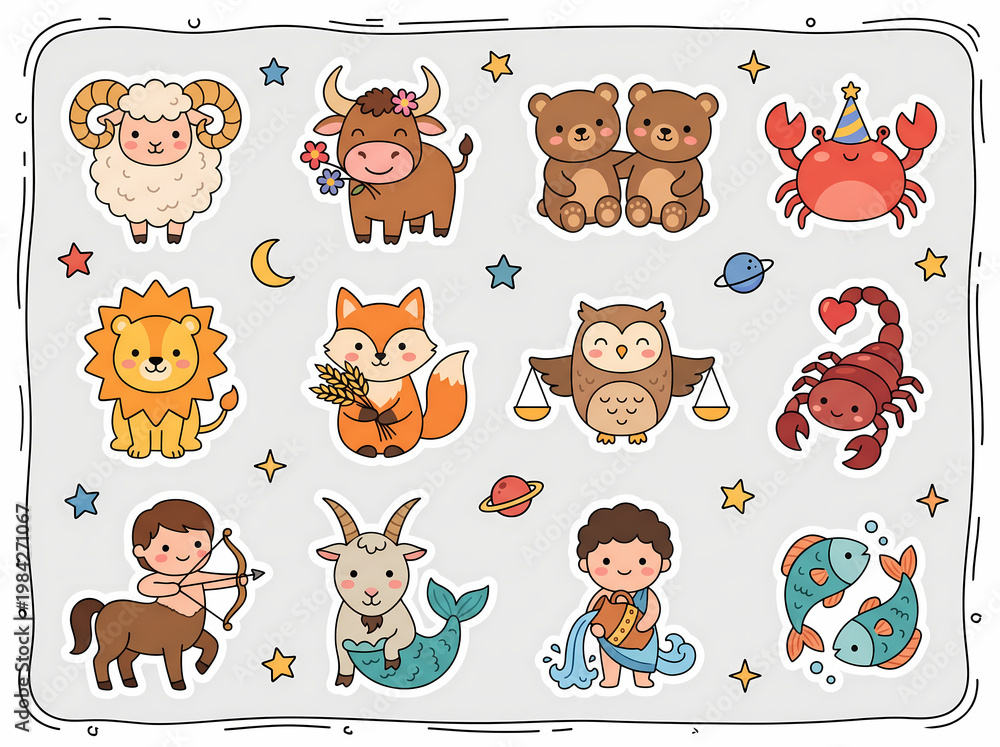 Fototapeta premium Cute zodiac characters illustration pack featuring Aries, Taurus, Gemini, Cancer, Leo, Virgo, Libra, Scorpio, Sagittarius, Capricorn, Aquarius, and Pisces in playful cartoon animal style with colorful