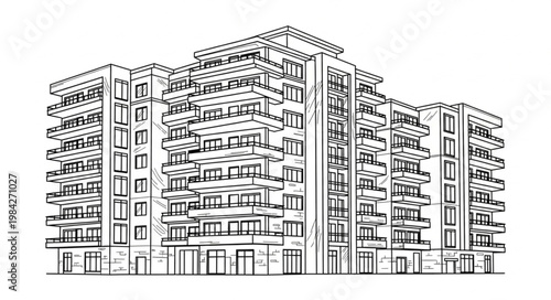 Modern Apartment Building Sketch Architectural Drawing.