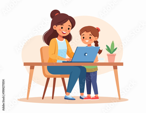 Smiling mother and daughter share a joyful moment while collaboratively engaging with a laptop, highlighting modern family life and shared learning experiences at home