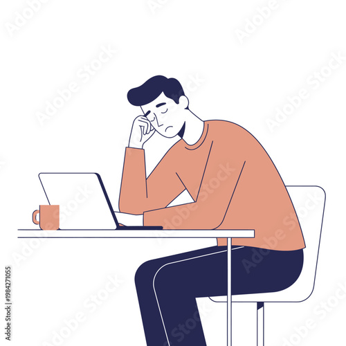 Tired man sitting at a desk with a laptop and a coffee cup, feeling exhausted and overworked