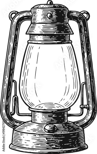 Vintage kerosene lantern illustration antique oil lamp with glass chimney and metal frame retro camping and lighting decor design