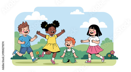 Four diverse happy children playing outdoors in a sunny park with green grass and blue sky, enjoying childhood fun.