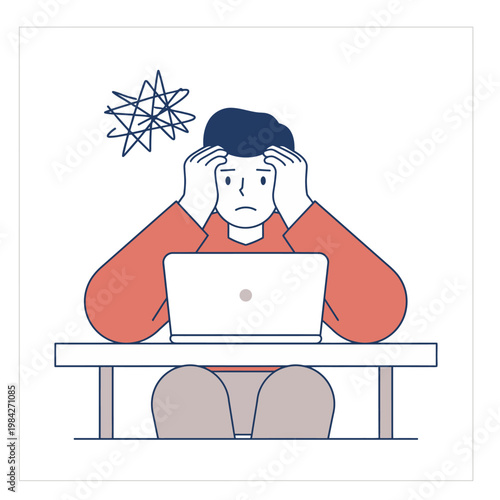 Illustration of an overwhelmed professional at a laptop, head in hands, symbolizing intense work stress, mental burnout, fatigue, and frustration from demanding tasks