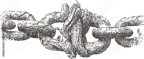Rusty iron chain with a thick frayed rope knot tied tightly