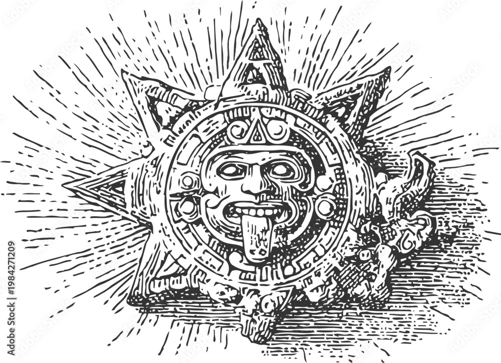 Fototapeta premium ancient aztec sun stone carving with stylized face and radiating rays detailed engraving