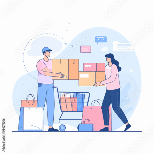 Man and woman carrying shopping bags and boxes near a shopping cart, symbolizing retail and e-commerce