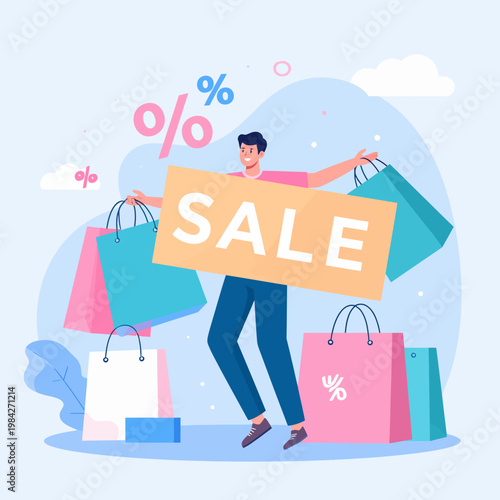 Jubilant Young Man Celebrating Huge Retail Discounts and Seasonal Sales, Surrounded by Numerous Shopping Bags. A Flat Vector Illustration Depicting Successful Consumerism and Promotional Events