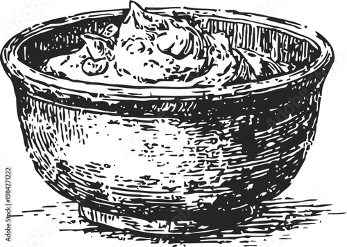 Classic wooden bowl filled with creamy butter, vintage hand drawn food illustration