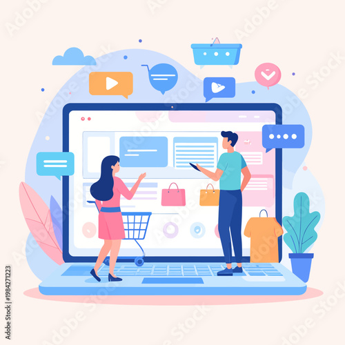 Online shopping concept with people interacting with a laptop and shopping cart, representing e-commerce and digital marketplace