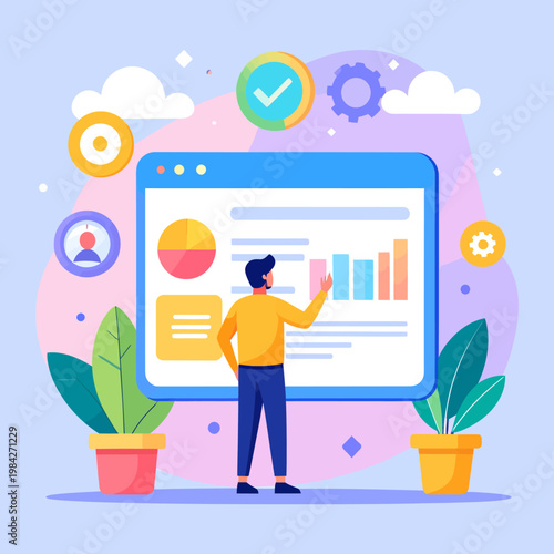 Business analyst presenting data on a digital dashboard with charts and graphs, illustrating growth and strategy