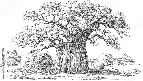 Majestic baobab tree with sprawling branches and thick trunk in a natural landscape setting